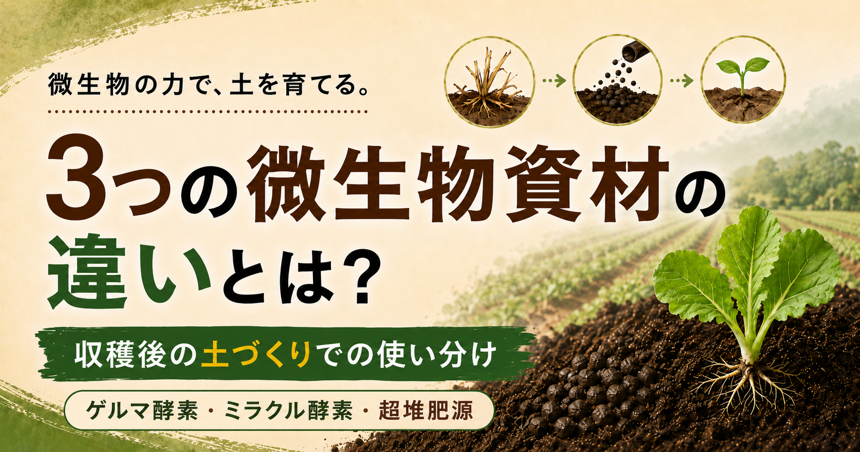 ゲルマ酵素・ミラクル酵素・超堆肥源の違いと収穫後の土づくりでの使い分けを解説する株式会社五光のブログ記事