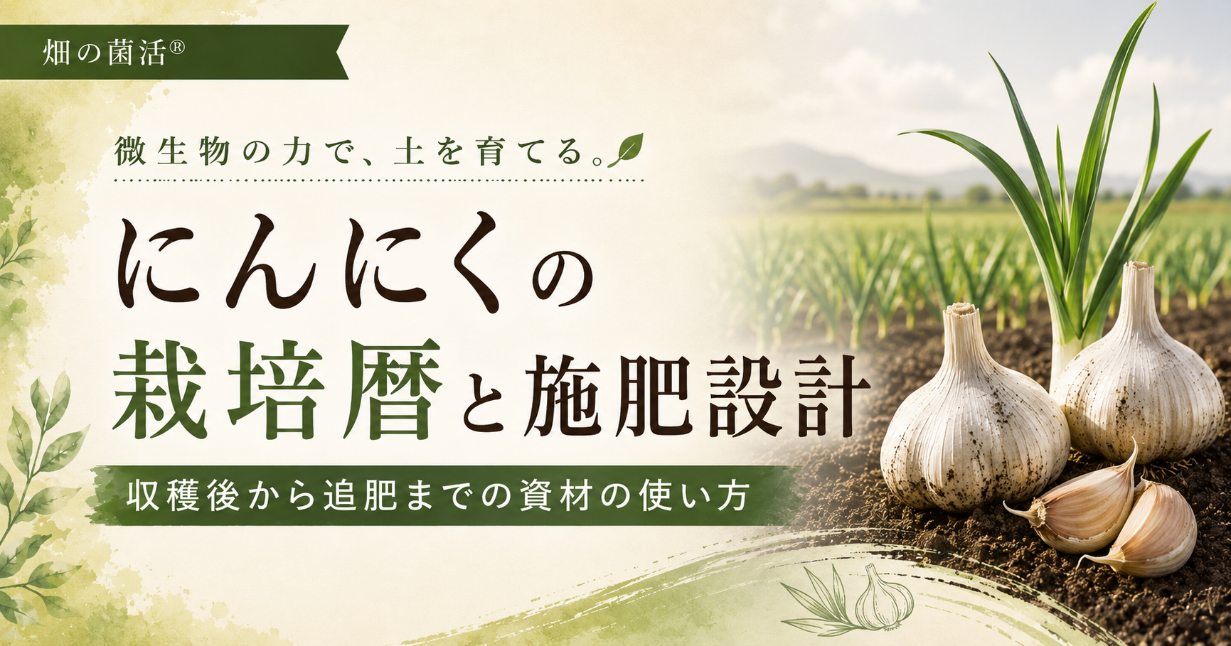 にんにくの収穫後から植え付け前、春の追肥までの施肥設計と五光資材の使い方を解説する記事